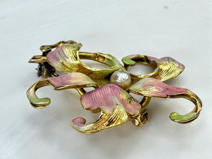Antique Art Nouveau 14K Gold Enamel Pearl Floral Brooch Pin  5.5g 1 1/4" JR1861