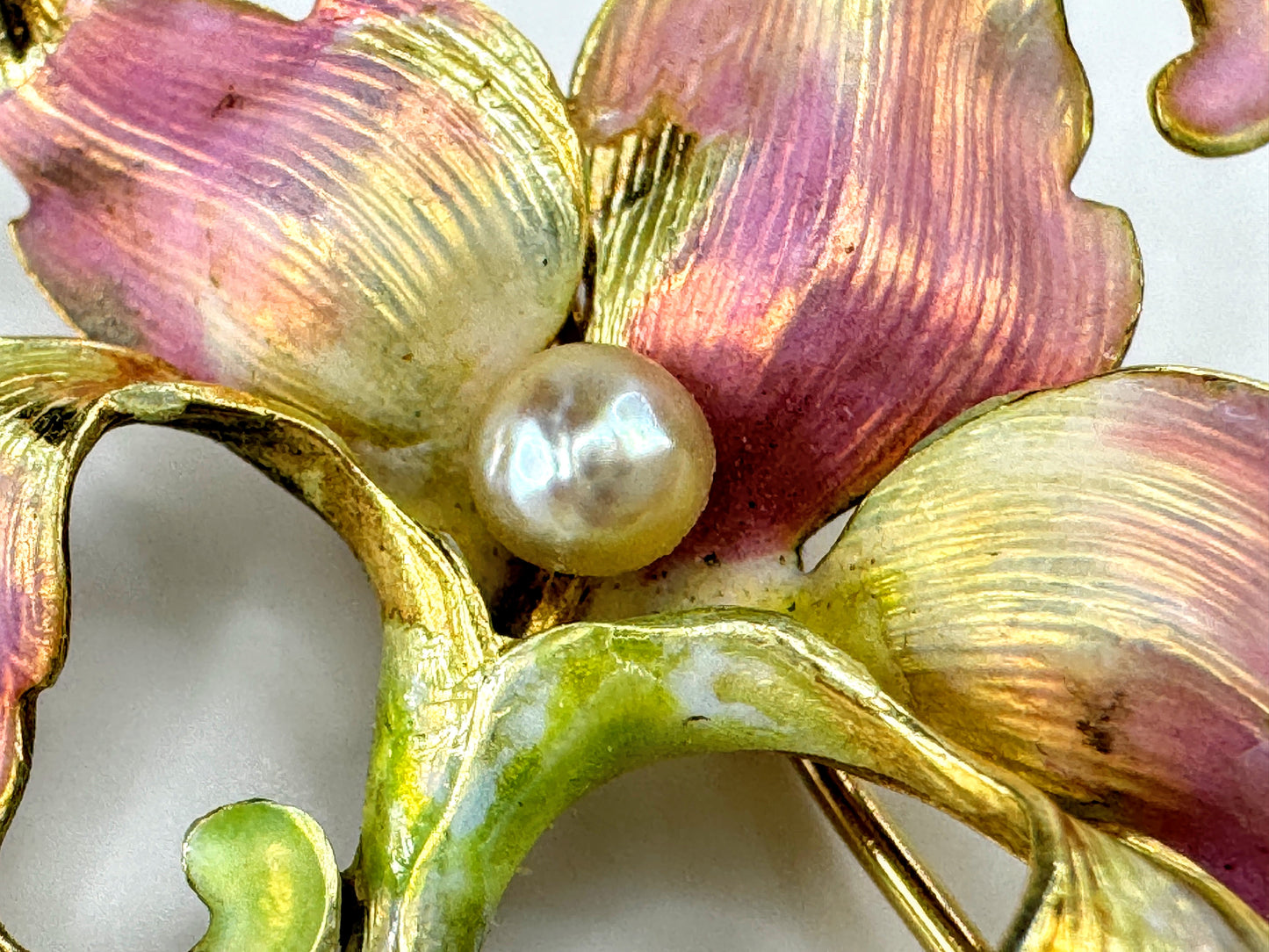 Antique Art Nouveau 14K Gold Enamel Pearl Floral Brooch Pin  5.5g 1 1/4" JR1861