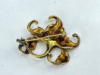 Antique Art Nouveau 14K Gold Enamel Pearl Floral Brooch Pin  5.5g 1 1/4" JR1861