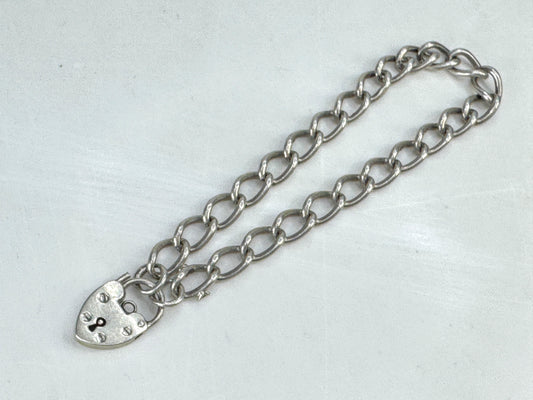 British Sterling Silver Curb Link Bracelet with Heart Padlock Clasp 7.5" JR1863