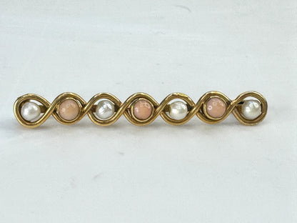 Antique 14K yellow Gold Coral Pearl Infinity bar brooch  1 5/8" 2.3g JR1895