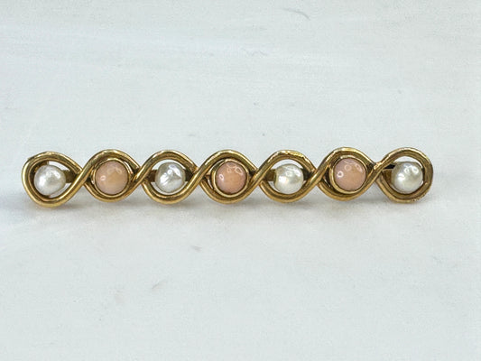 Antique 14K yellow Gold Coral Pearl Infinity bar brooch  1 5/8" 2.3g JR1895