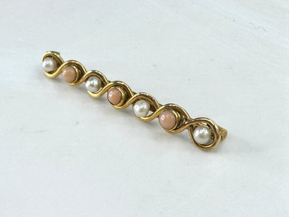 Antique 14K yellow Gold Coral Pearl Infinity bar brooch  1 5/8" 2.3g JR1895