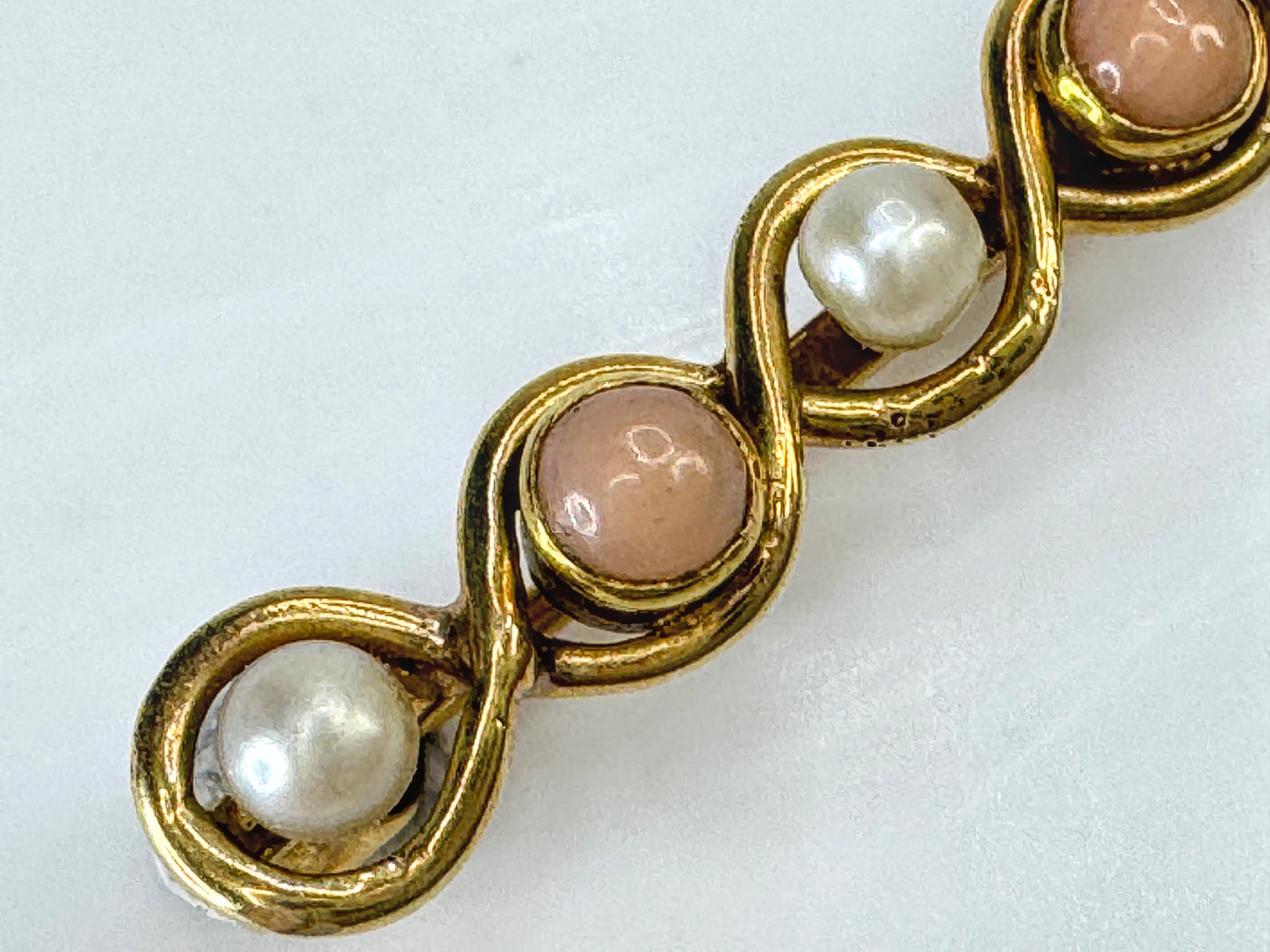 Antique 14K yellow Gold Coral Pearl Infinity bar brooch  1 5/8" 2.3g JR1895