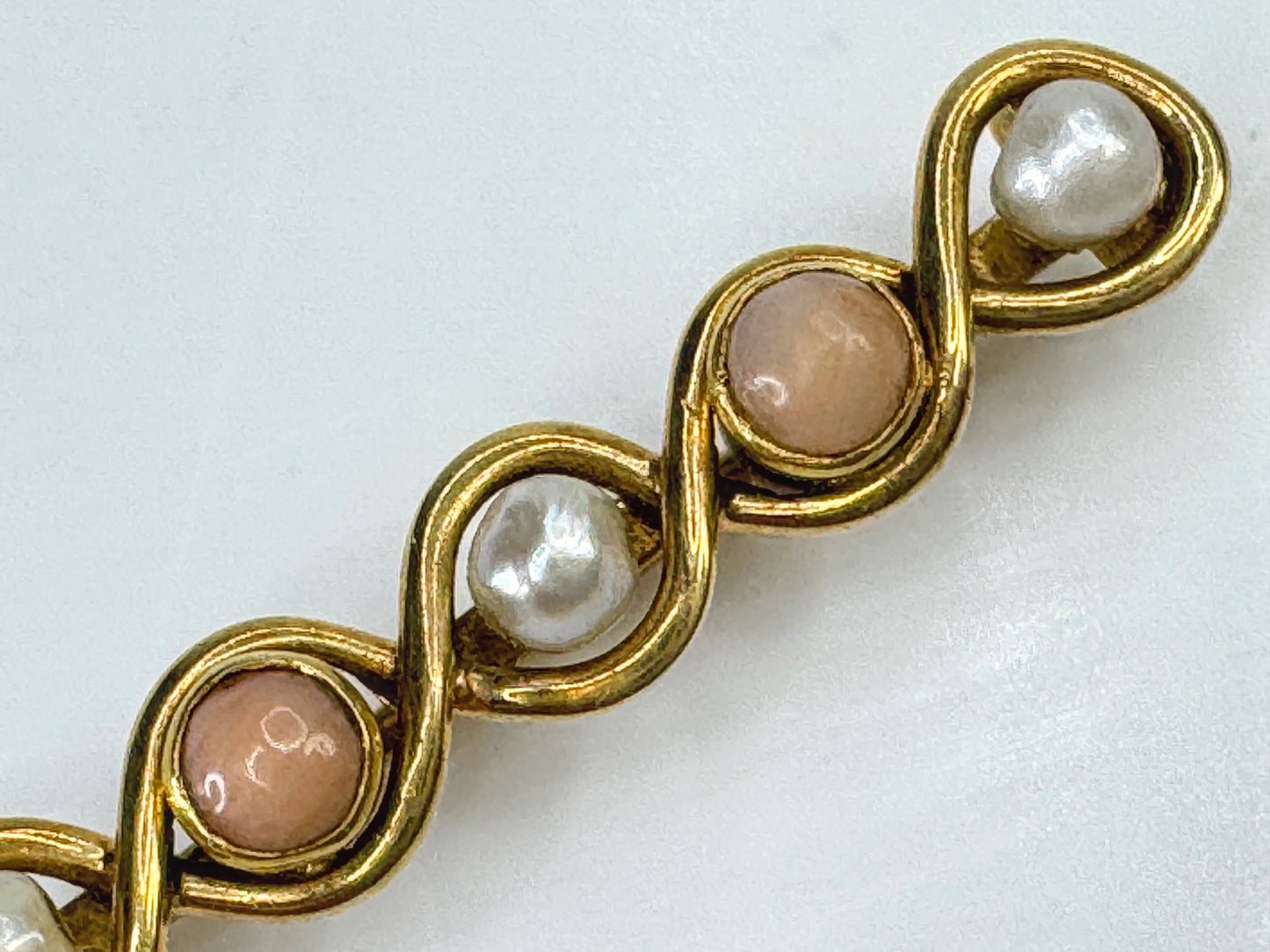 Antique 14K yellow Gold Coral Pearl Infinity bar brooch  1 5/8" 2.3g JR1895