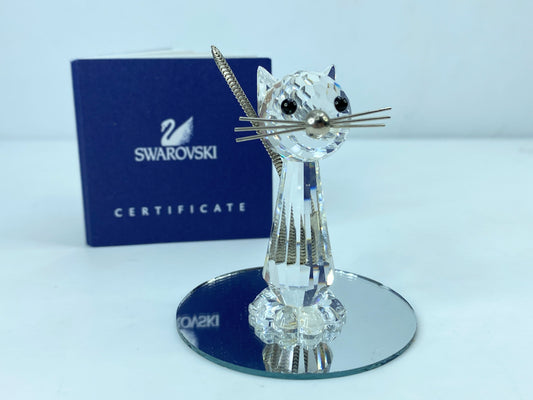 Swarovski Cat With metal Tails Whiskers 3"H Large 7634NR70 COA Mirror S85