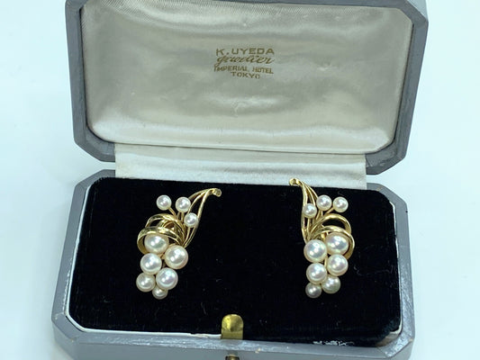 Mikimoto 14K yellow gold Akoya cultured Pearls foliate earrings w/box 8.1g JR006