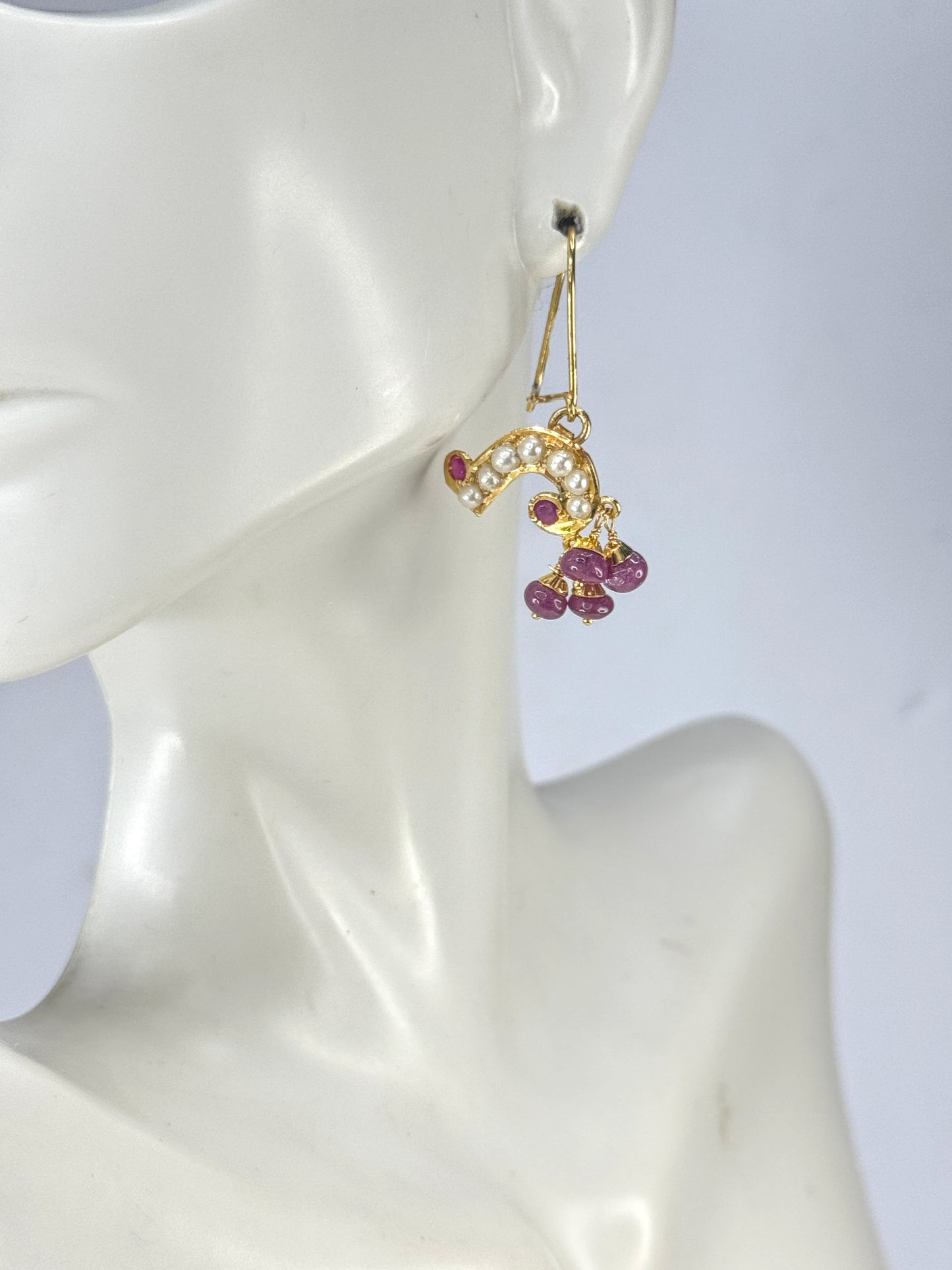 Vintage 14K Gold Ruby & Seed Pearl Dangle Earrings Fringe Drop Earrings JR1870