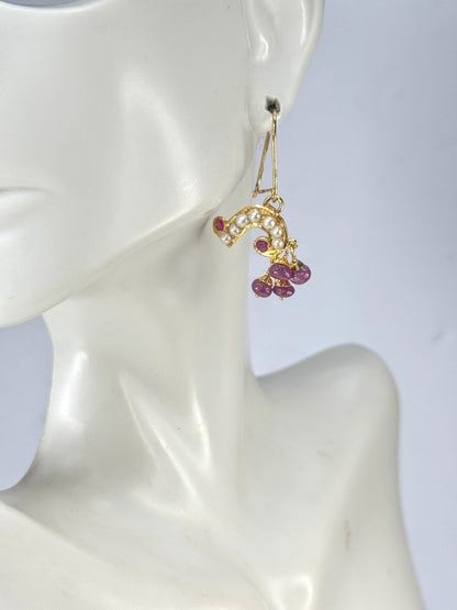 Vintage 14K Gold Ruby & Seed Pearl Dangle Earrings Fringe Drop Earrings JR1870