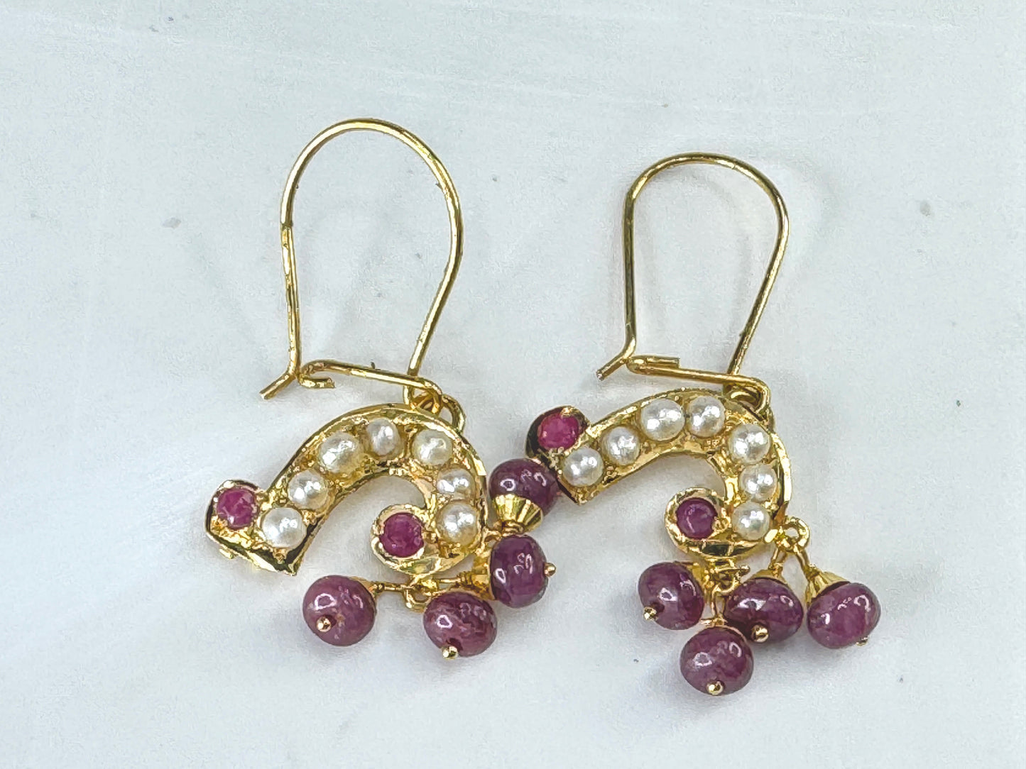 Vintage 14K Gold Ruby & Seed Pearl Dangle Earrings Fringe Drop Earrings JR1870