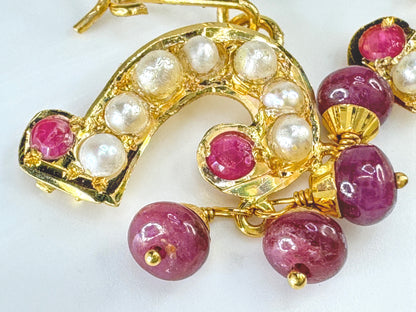 Vintage 14K Gold Ruby & Seed Pearl Dangle Earrings Fringe Drop Earrings JR1870