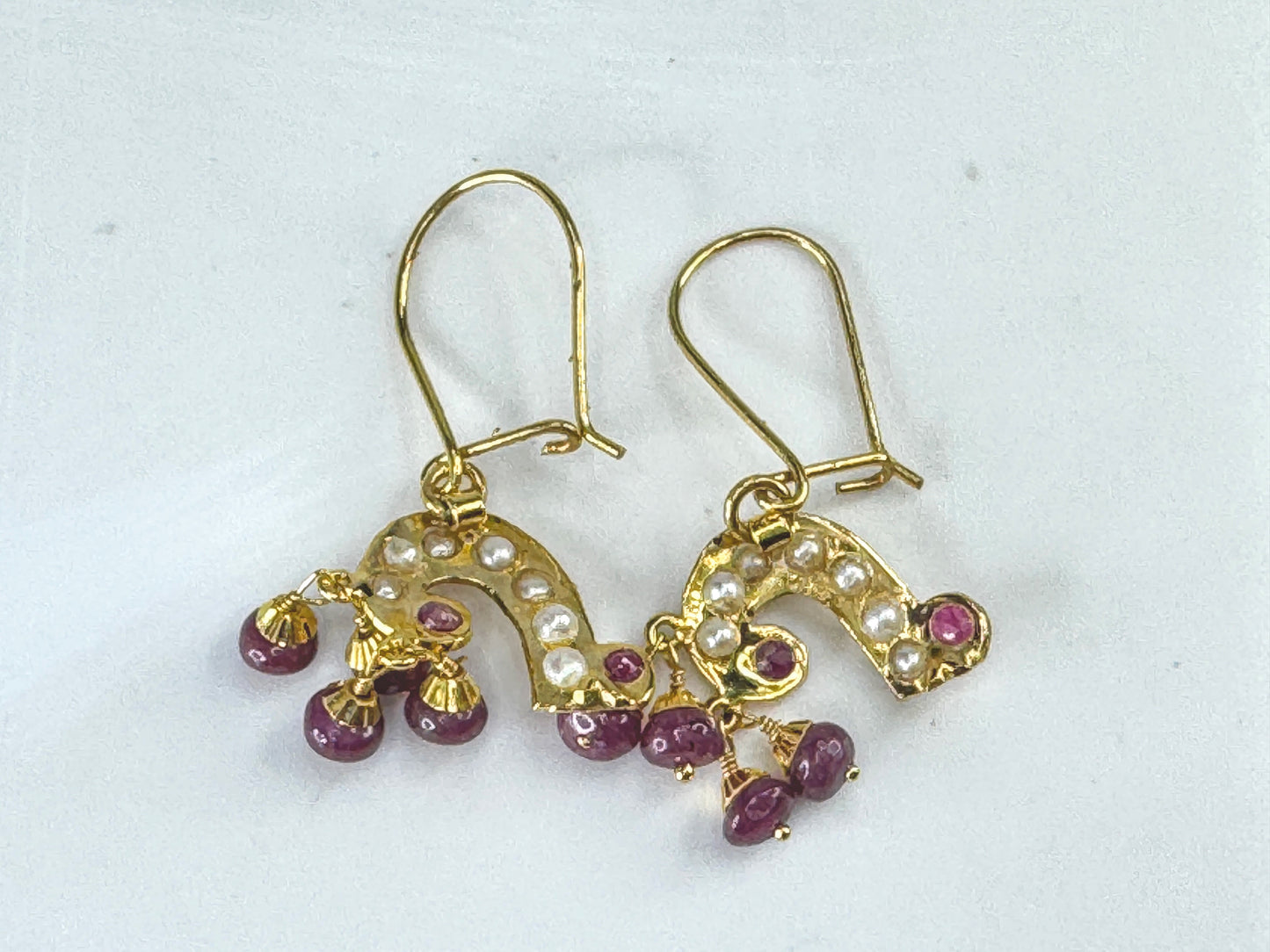 Vintage 14K Gold Ruby & Seed Pearl Dangle Earrings Fringe Drop Earrings JR1870