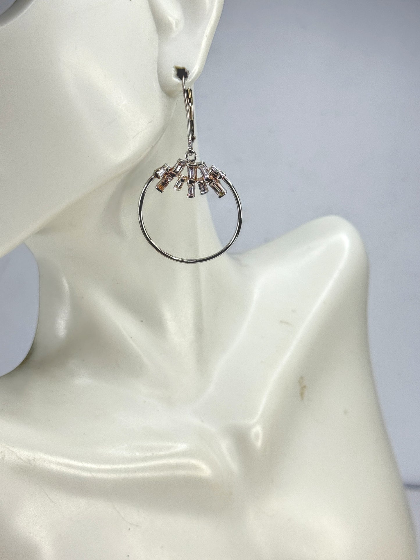 18K White Gold Straight Baguette Diamond Hoop Dangle Earrings  2.5" 6.0g JR1871