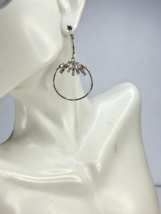18K White Gold Straight Baguette Diamond Hoop Dangle Earrings  2.5" 6.0g JR1871