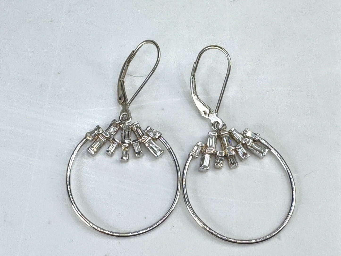 18K White Gold Straight Baguette Diamond Hoop Dangle Earrings  2.5" 6.0g JR1871