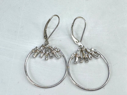 18K White Gold Straight Baguette Diamond Hoop Dangle Earrings  2.5" 6.0g JR1871