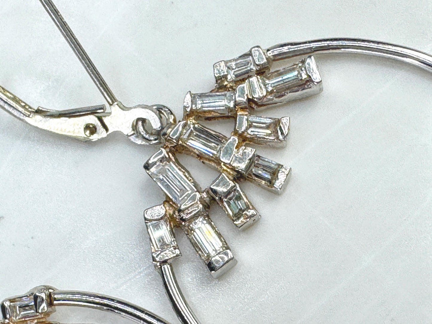 18K White Gold Straight Baguette Diamond Hoop Dangle Earrings  2.5" 6.0g JR1871