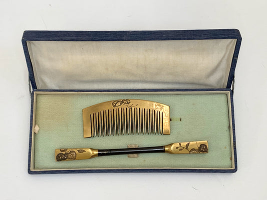 Antique Japanese Kushi and Kogai Comb Set with box A70