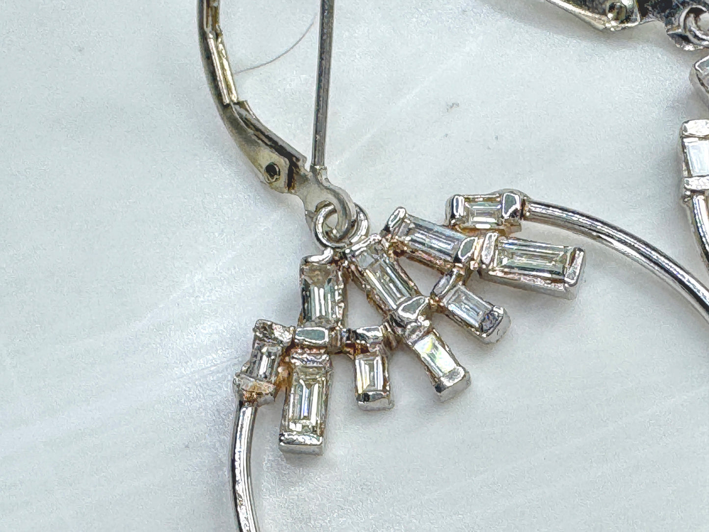18K White Gold Straight Baguette Diamond Hoop Dangle Earrings  2.5" 6.0g JR1871