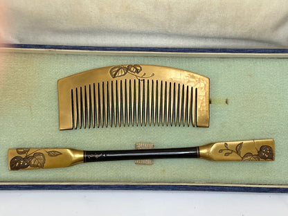 Antique Japanese Kushi and Kogai Comb Set with box A70