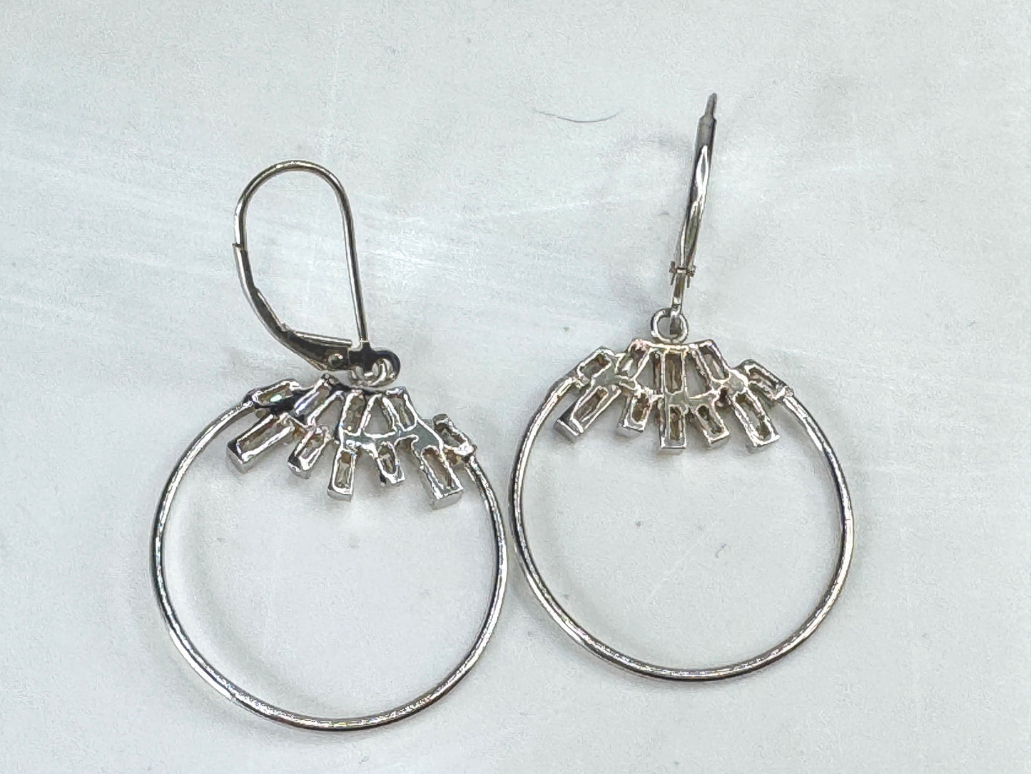 18K White Gold Straight Baguette Diamond Hoop Dangle Earrings  2.5" 6.0g JR1871