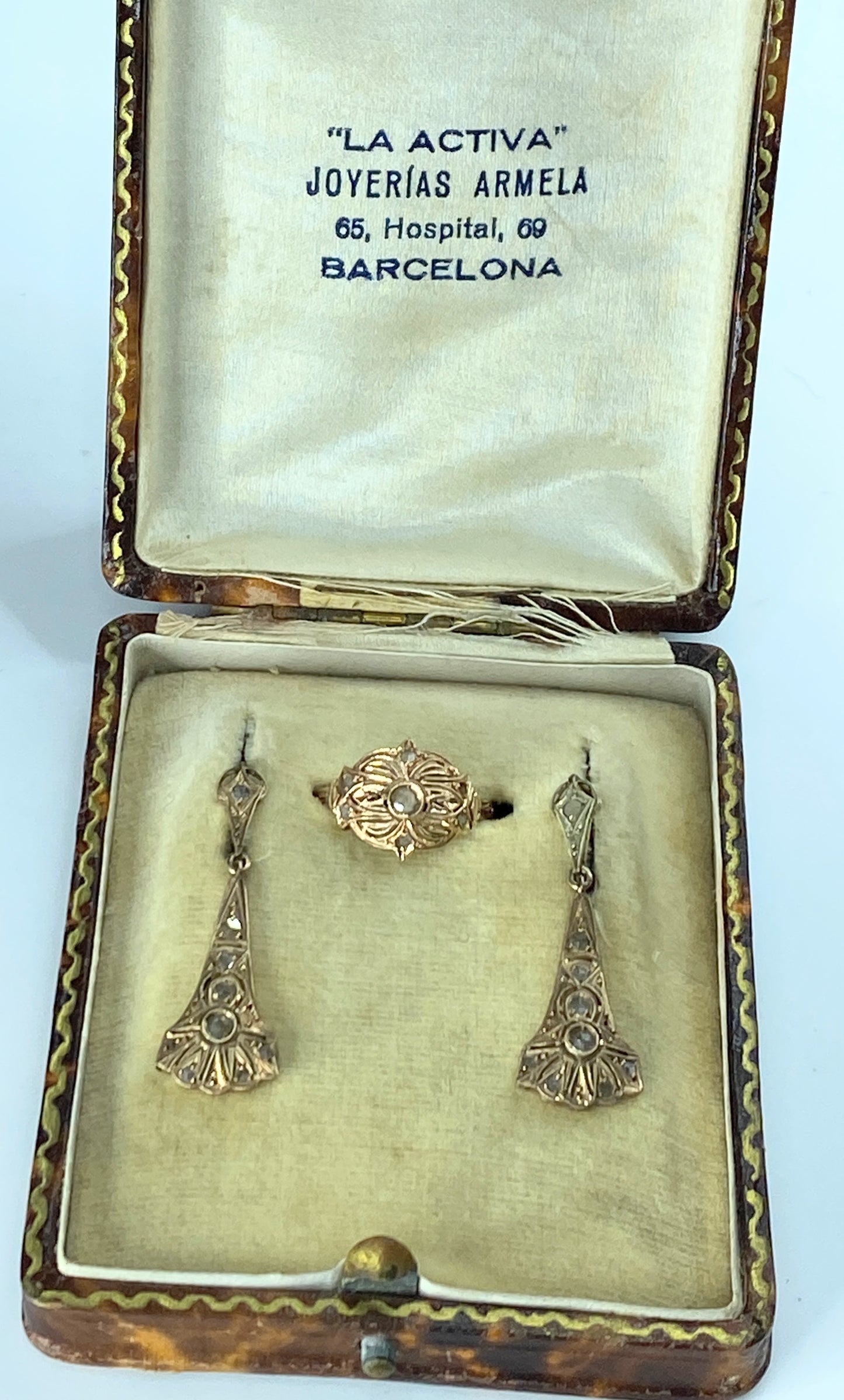 Art Deco Diamond 10K Chandelier Earrings and ring set with box