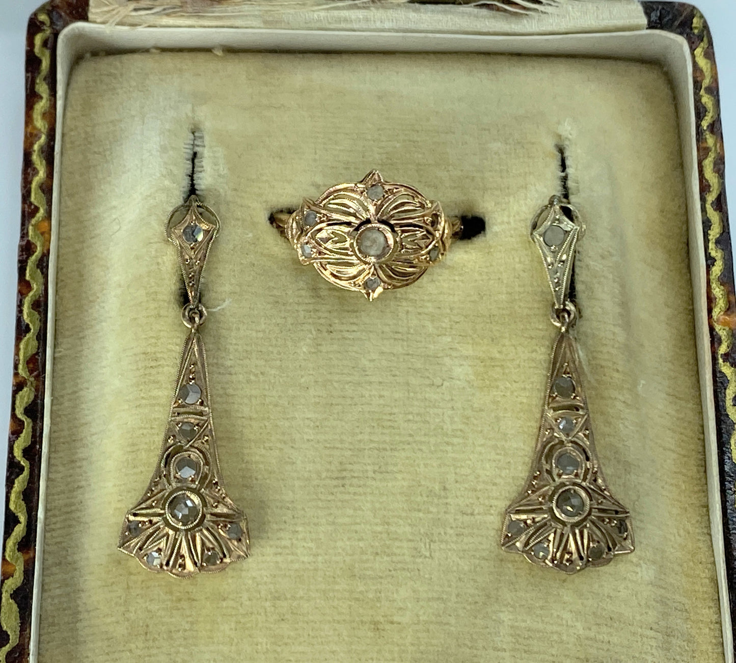 Art Deco Diamond 10K Chandelier Earrings and ring set with box