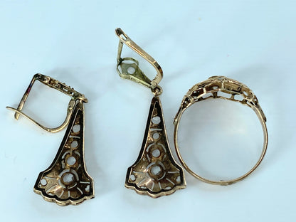 Art Deco Diamond 10K Chandelier Earrings and ring set with box