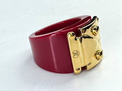 Vintage Louis Vuitton Lock Me red resin ring size 6 gold tone w/ pouch GS843