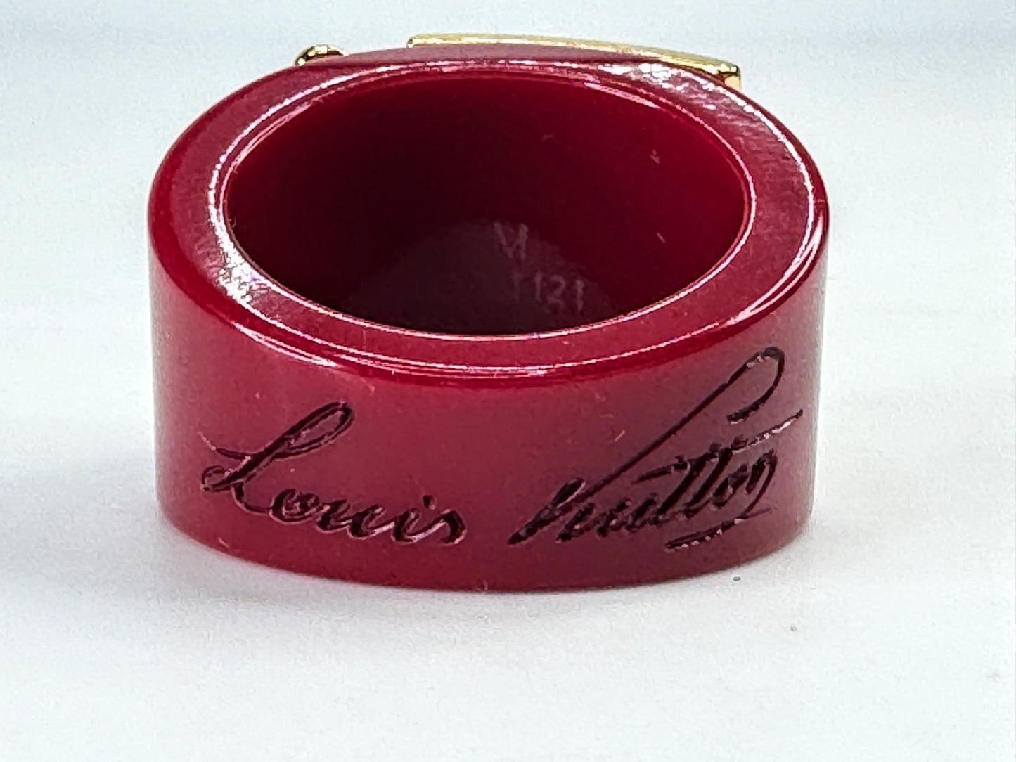 Vintage Louis Vuitton Lock Me red resin ring size 6 gold tone w/ pouch GS843