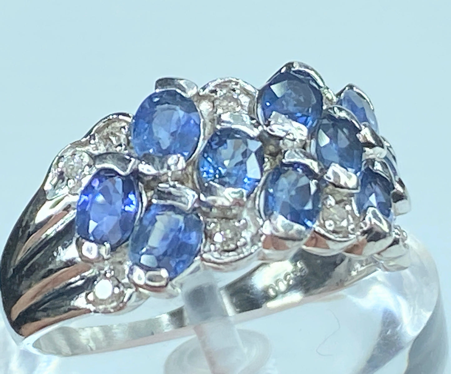 Platinum 2.0ct oval cut Blue Sapphire Diamond cluster ring 6.3g s7 JR8031