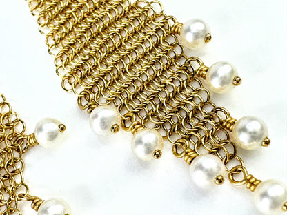 Vintage Tiffany Elsa Peretti mesh fringe pearl earrings 18K gold  1 7/8" JR1874