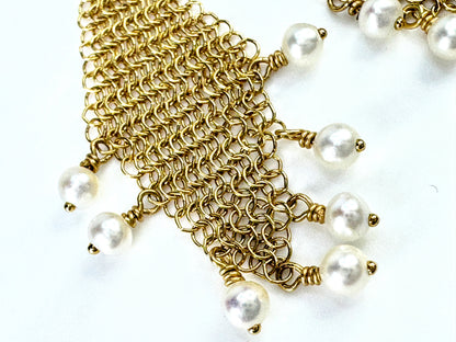 Vintage Tiffany Elsa Peretti mesh fringe pearl earrings 18K gold  1 7/8" JR1874