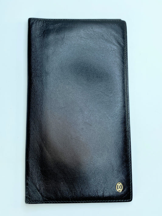 Vintage Must de Cartier, black leather check cover wallet 6 3/4" GS204