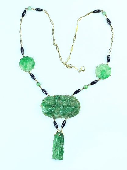 GIA Victorian Carved Natural Jadeite Jade Dangle Onyx Necklace JR9267