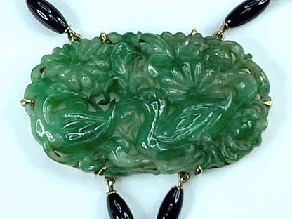 GIA Victorian Carved Natural Jadeite Jade Dangle Onyx Necklace JR9267