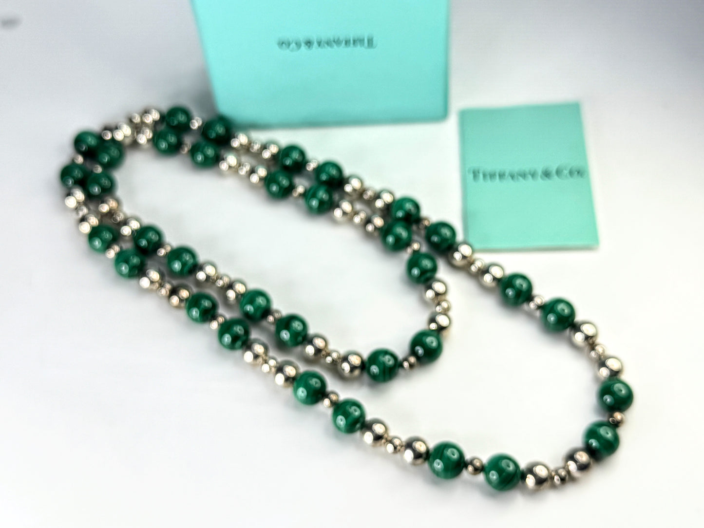 Vintage Tiffany & Co 10mm Malachite sterling silver bead necklace 30" JR1877