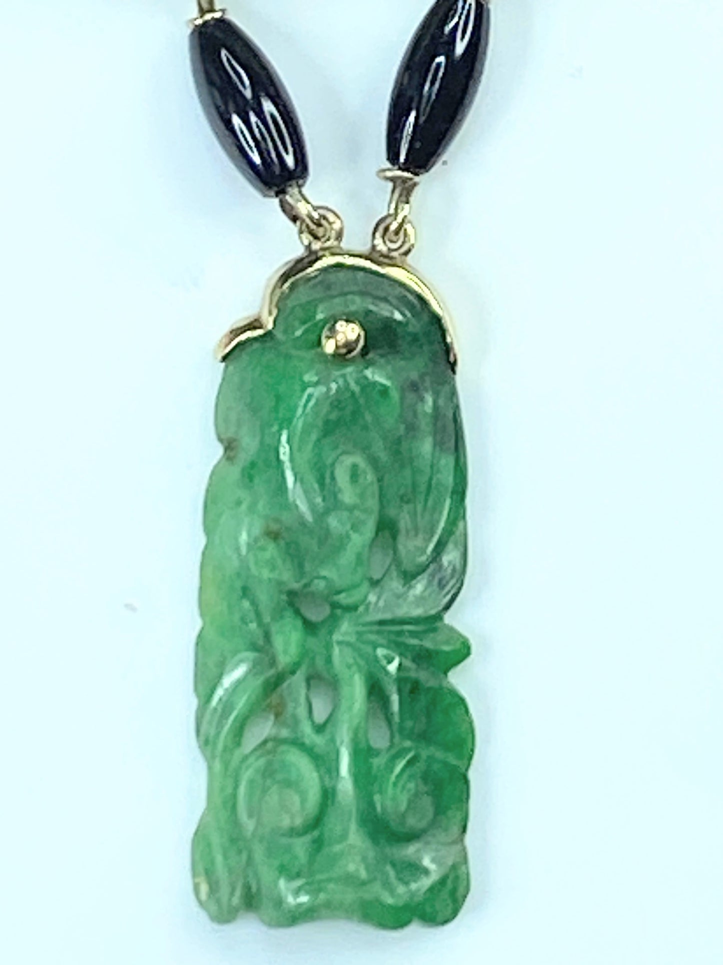 GIA Victorian Carved Natural Jadeite Jade Dangle Onyx Necklace JR9267