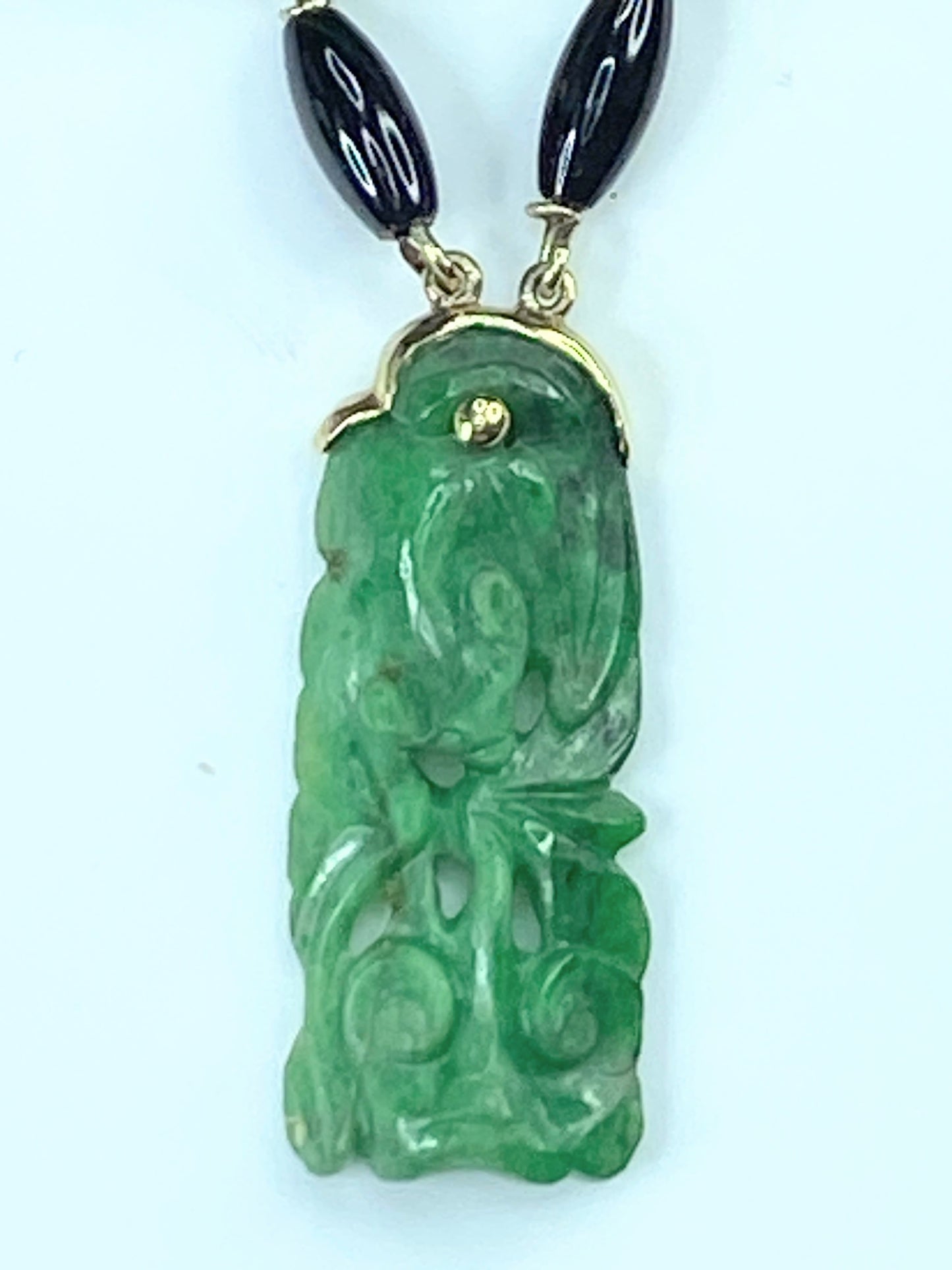 GIA Victorian Carved Natural Jadeite Jade Dangle Onyx Necklace JR9267