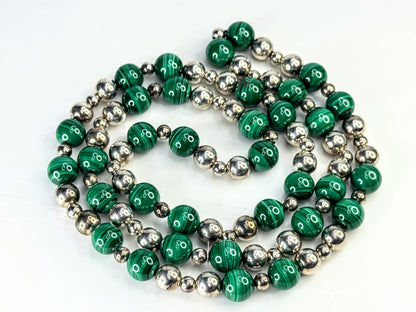 Vintage Tiffany & Co 10mm Malachite sterling silver bead necklace 30" JR1877