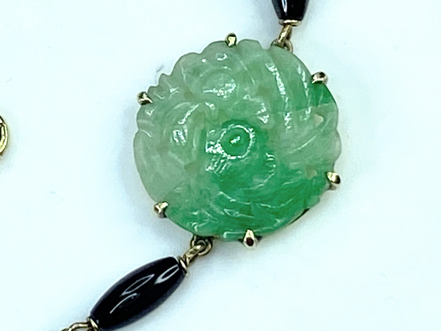 GIA Victorian Carved Natural Jadeite Jade Dangle Onyx Necklace JR9267