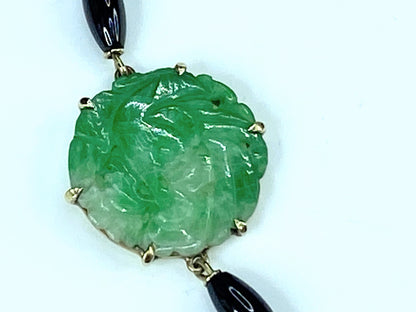 GIA Victorian Carved Natural Jadeite Jade Dangle Onyx Necklace JR9267