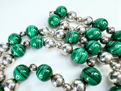 Vintage Tiffany & Co 10mm Malachite sterling silver bead necklace 30" JR1877