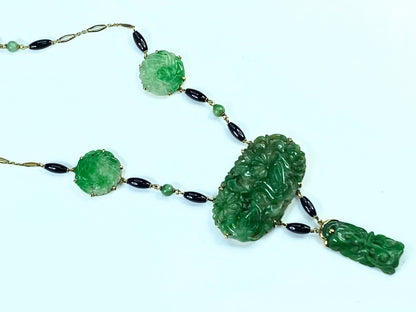 GIA Victorian Carved Natural Jadeite Jade Dangle Onyx Necklace JR9267