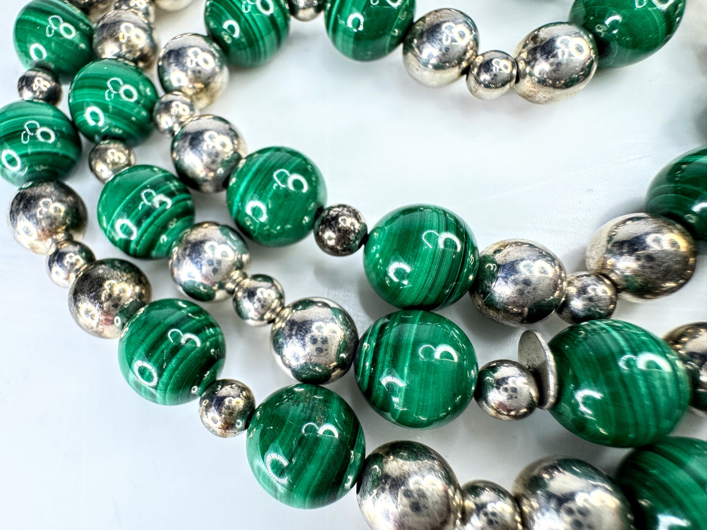 Vintage Tiffany & Co 10mm Malachite sterling silver bead necklace 30" JR1877