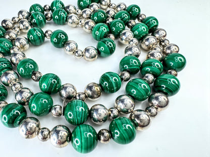 Vintage Tiffany & Co 10mm Malachite sterling silver bead necklace 30" JR1877