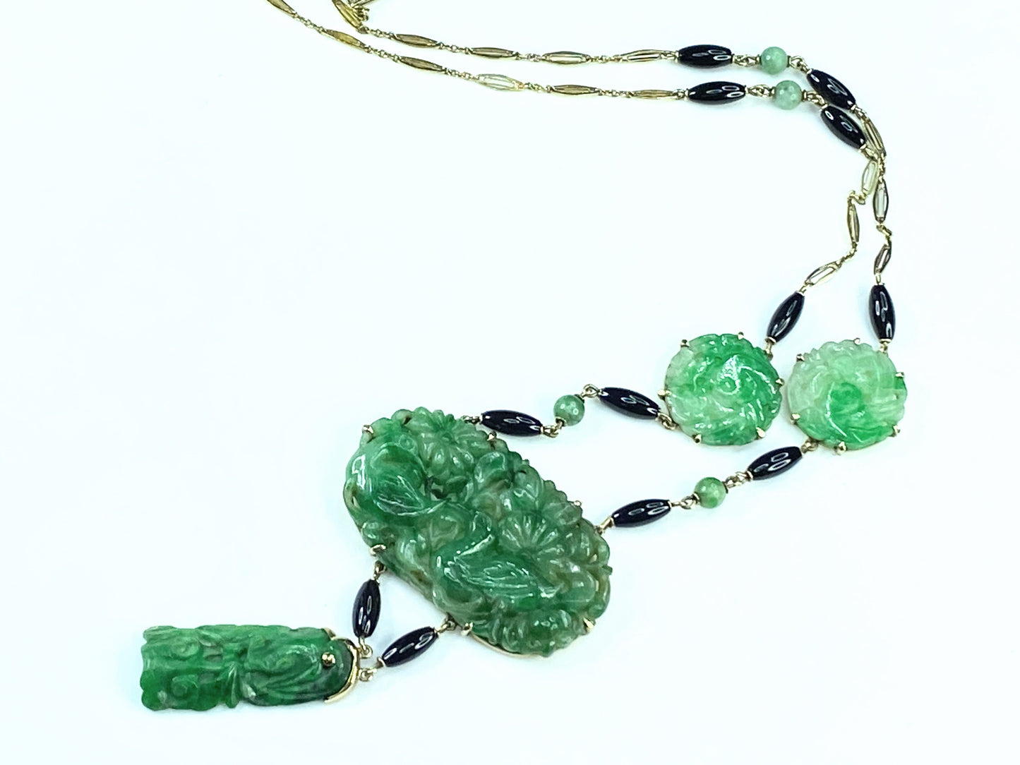 GIA Victorian Carved Natural Jadeite Jade Dangle Onyx Necklace JR9267