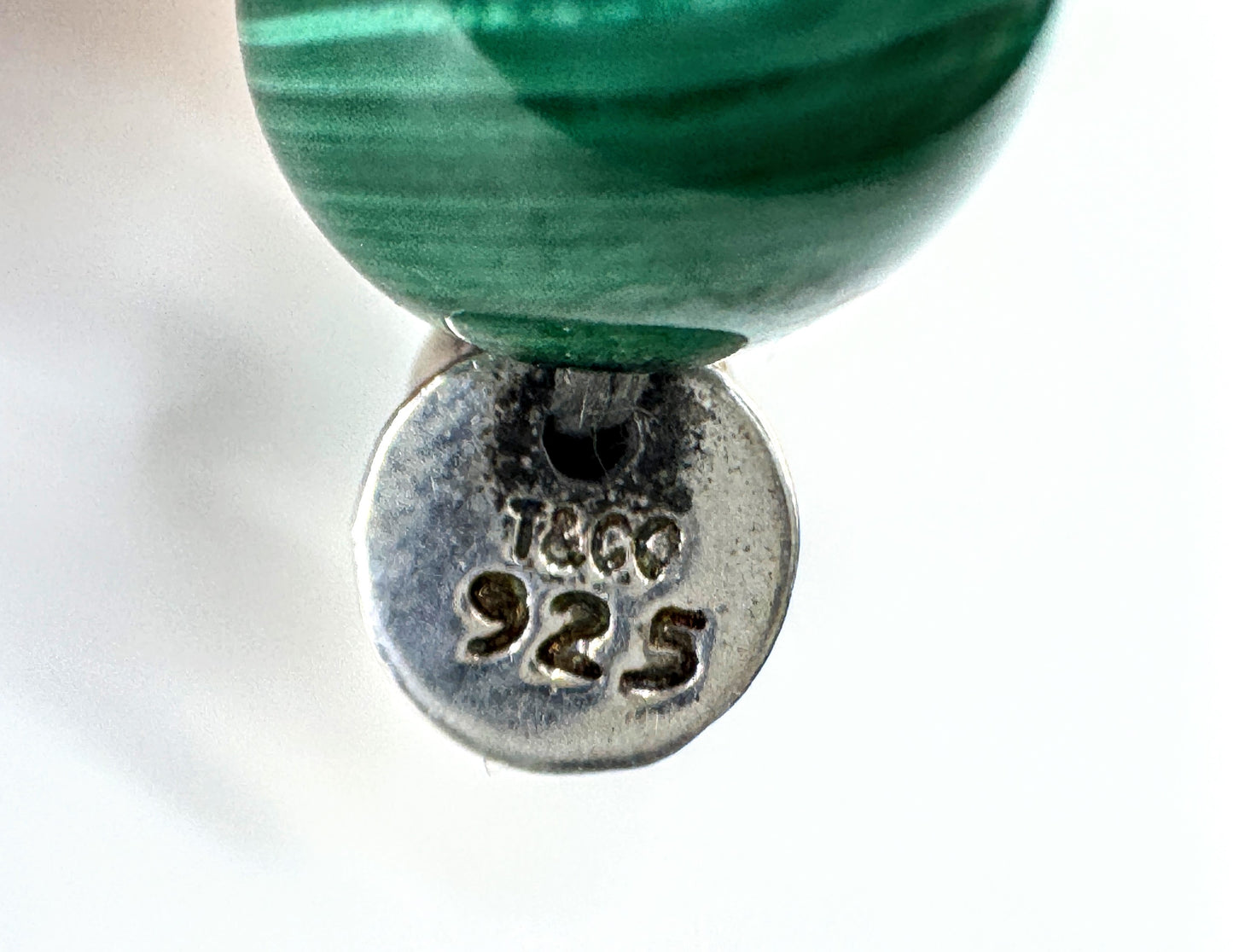 Vintage Tiffany & Co 10mm Malachite sterling silver bead necklace 30" JR1877