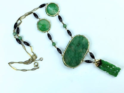 GIA Victorian Carved Natural Jadeite Jade Dangle Onyx Necklace JR9267