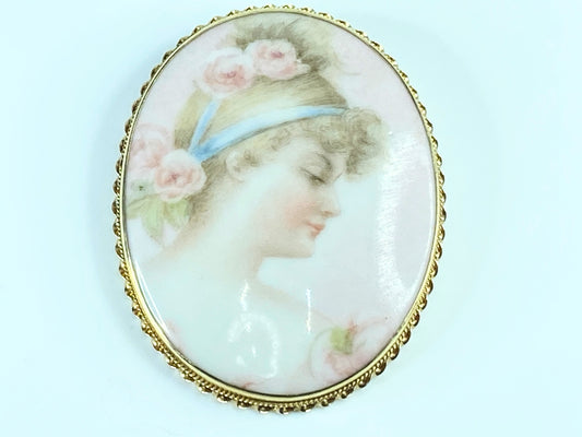 French hand painted young lady bust on porcelain 14K brooch pendant